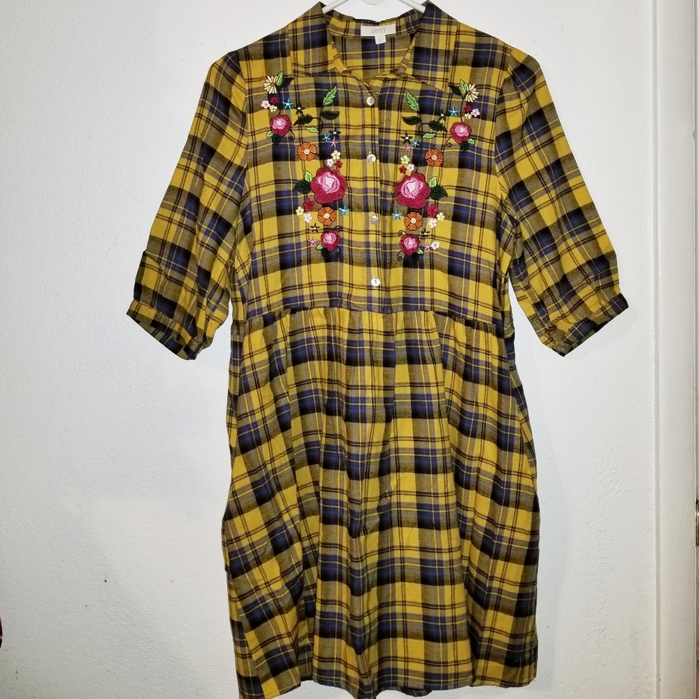 Oddy The Kira Dress | Embroidered Yellow & Blue Plaid Dress